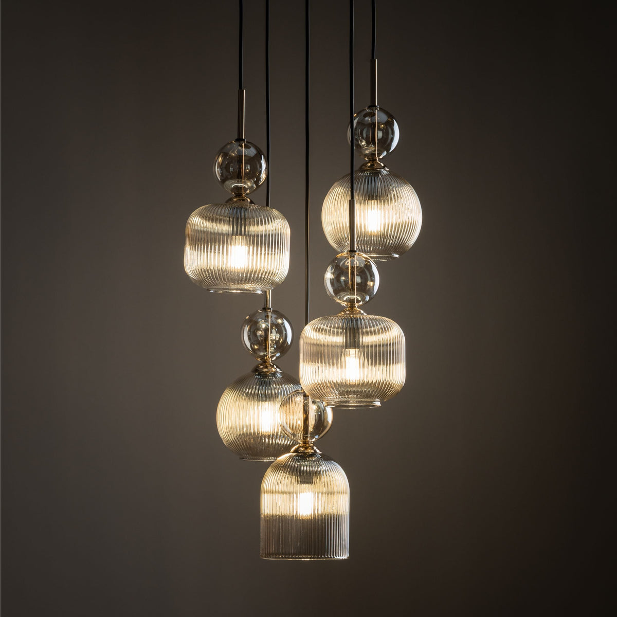 SOPHIA Cognac Ribbed Glass 5-Light Cluster Pendant for Dining, Living Room & Hallway