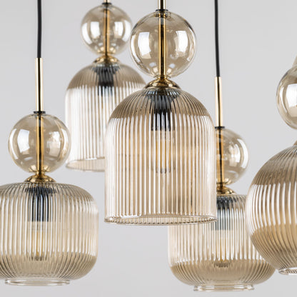 SOPHIA Cognac Ribbed Glass 5-Light Cluster Pendant for Dining, Living Room & Hallway