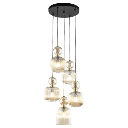 SOPHIA Cognac Ribbed Glass 5-Light Cluster Pendant for Dining, Living Room & Hallway