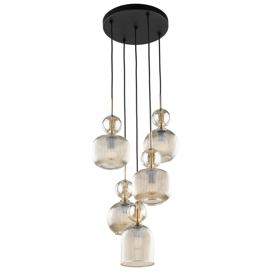 SOPHIA Cognac Ribbed Glass 5-Light Cluster Pendant for Dining, Living Room & Hallway