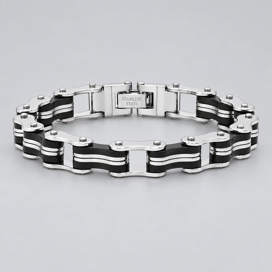 Men’s Stainless Steel Bicycle Chain Bracelet. Black & Silver Biker Style