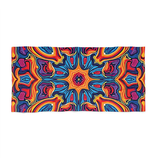 Vibrant Kaleidoscope Beach Towel — Colorful Retro Mandala Pattern