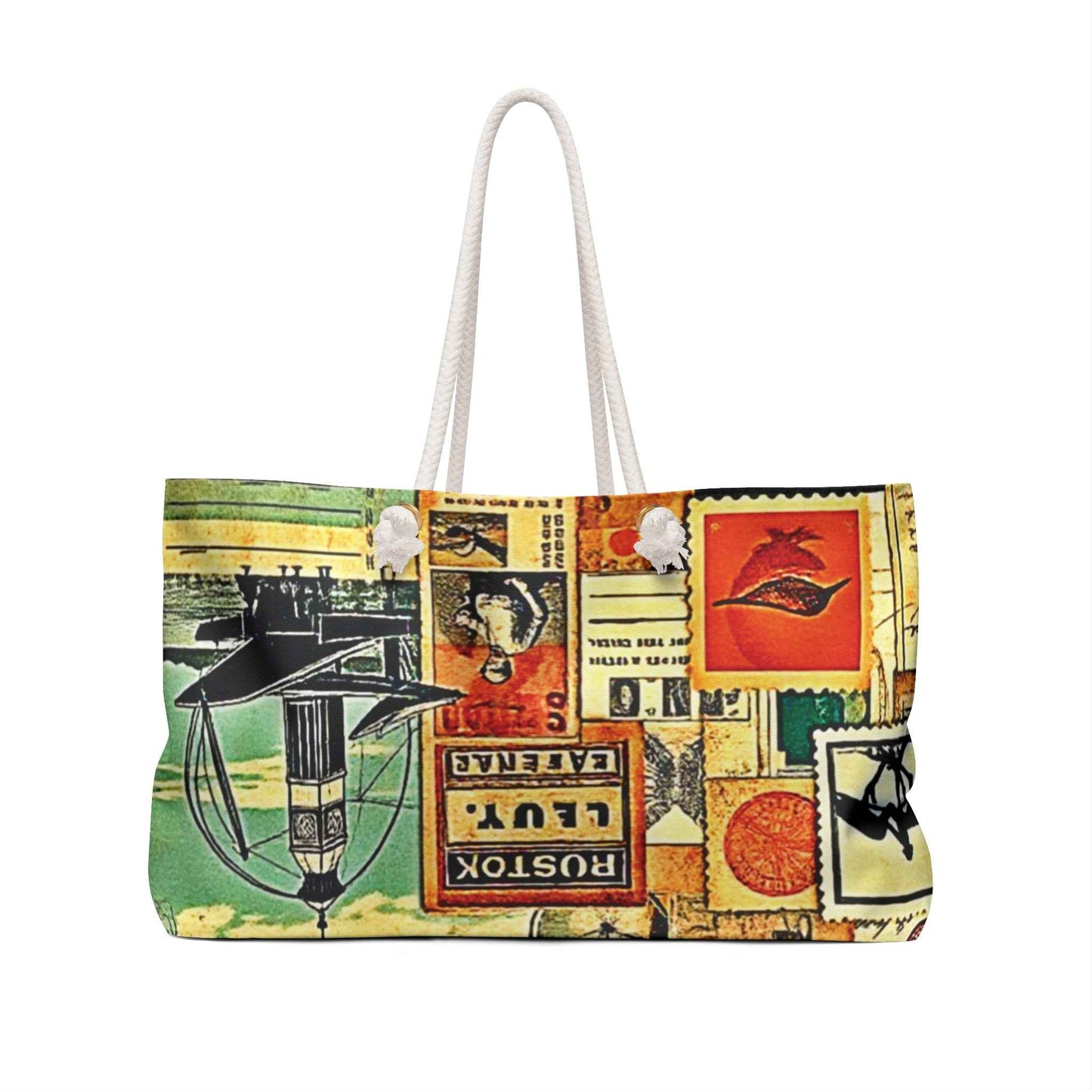 Vintage Travel Collage Weekender Bag | Postage Stamps, Airplane Motifs, Large Tote Bag