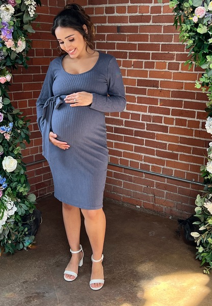 Long Sleeve Ribbed Tie Maternity Dress