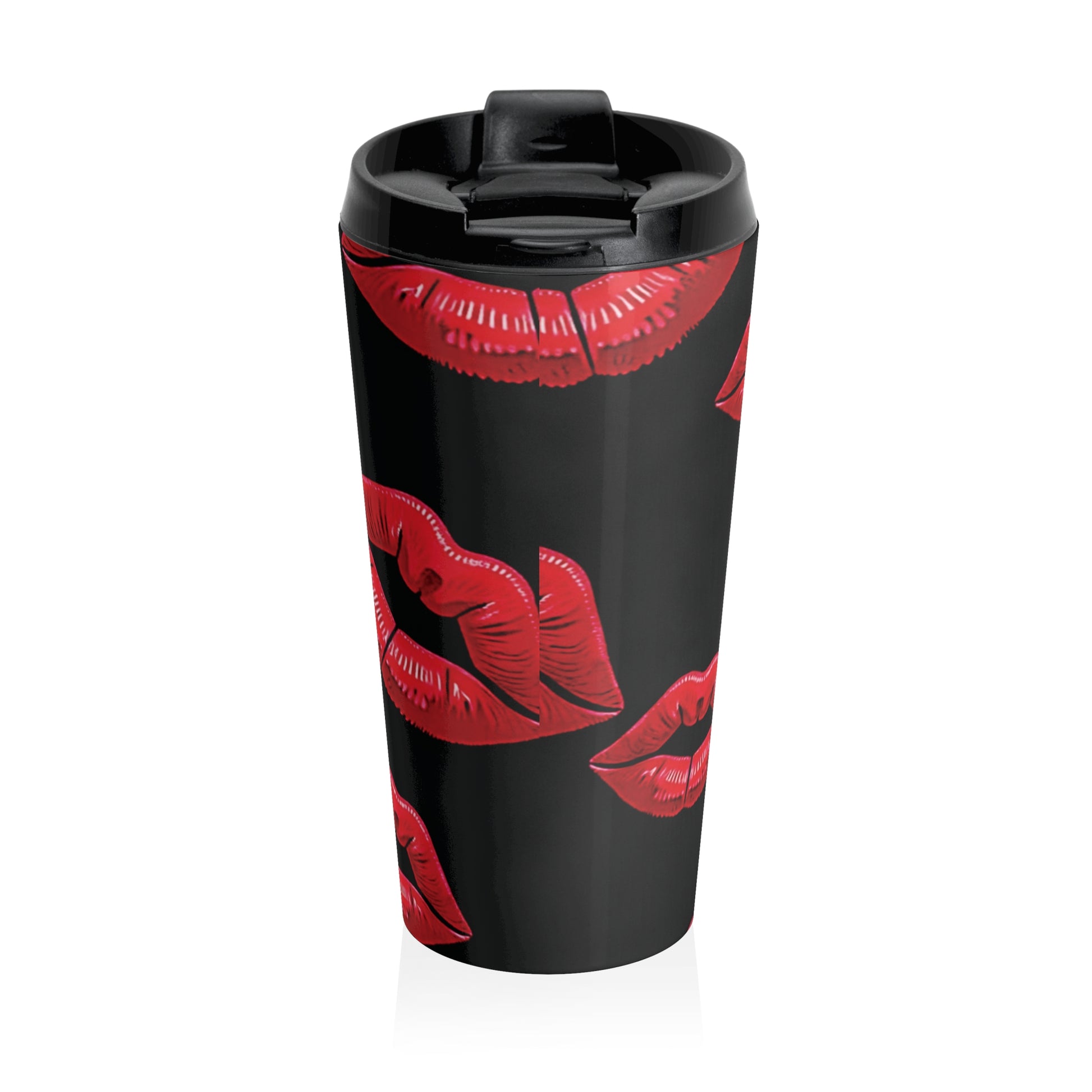 Red Lipstick Kiss Pattern Travel Mug | Black Stainless Steel - AURABAGS SHOP