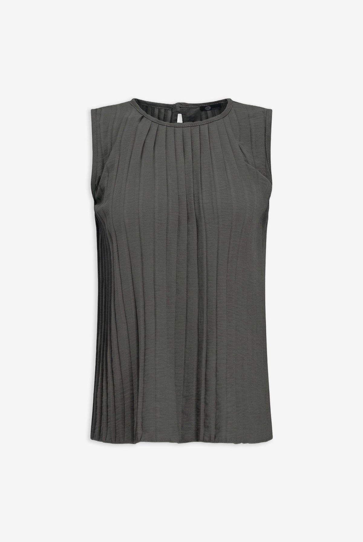 Women's Woven Crew-Neck Sleeveless Pleated Top, with a Button Closure At The Back Collar