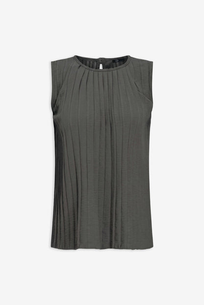 Women's Woven Crew-Neck Sleeveless Pleated Top, with a Button Closure At The Back Collar