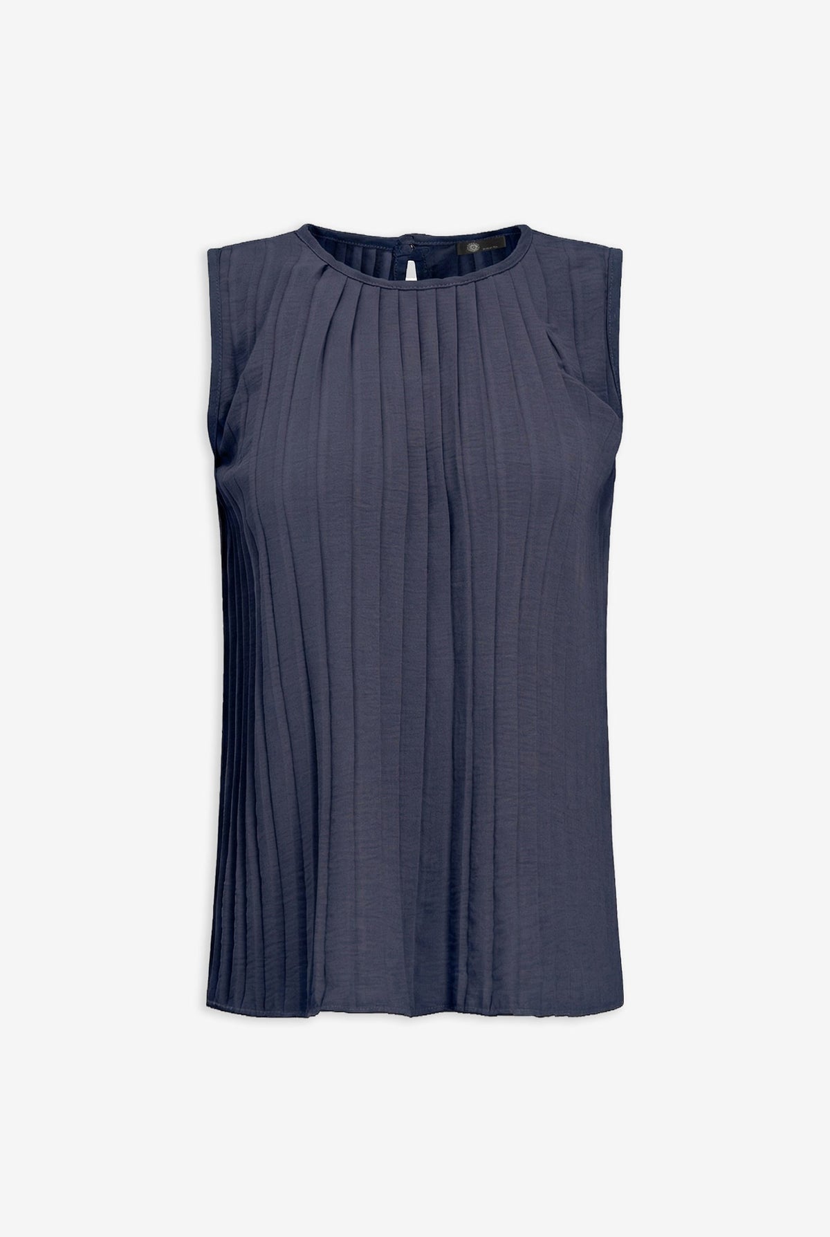 Women's Woven Crew-Neck Sleeveless Pleated Top, with a Button Closure At The Back Collar