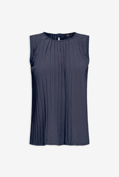 Women's Woven Crew-Neck Sleeveless Pleated Top, with a Button Closure At The Back Collar