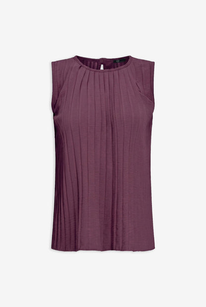 Women's Woven Crew-Neck Sleeveless Pleated Top, with a Button Closure At The Back Collar