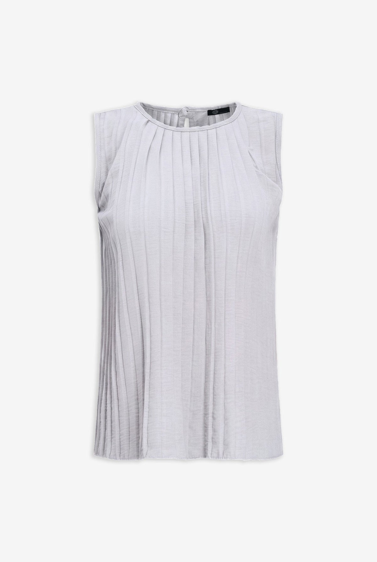 Women's Woven Crew-Neck Sleeveless Pleated Top, with a Button Closure At The Back Collar