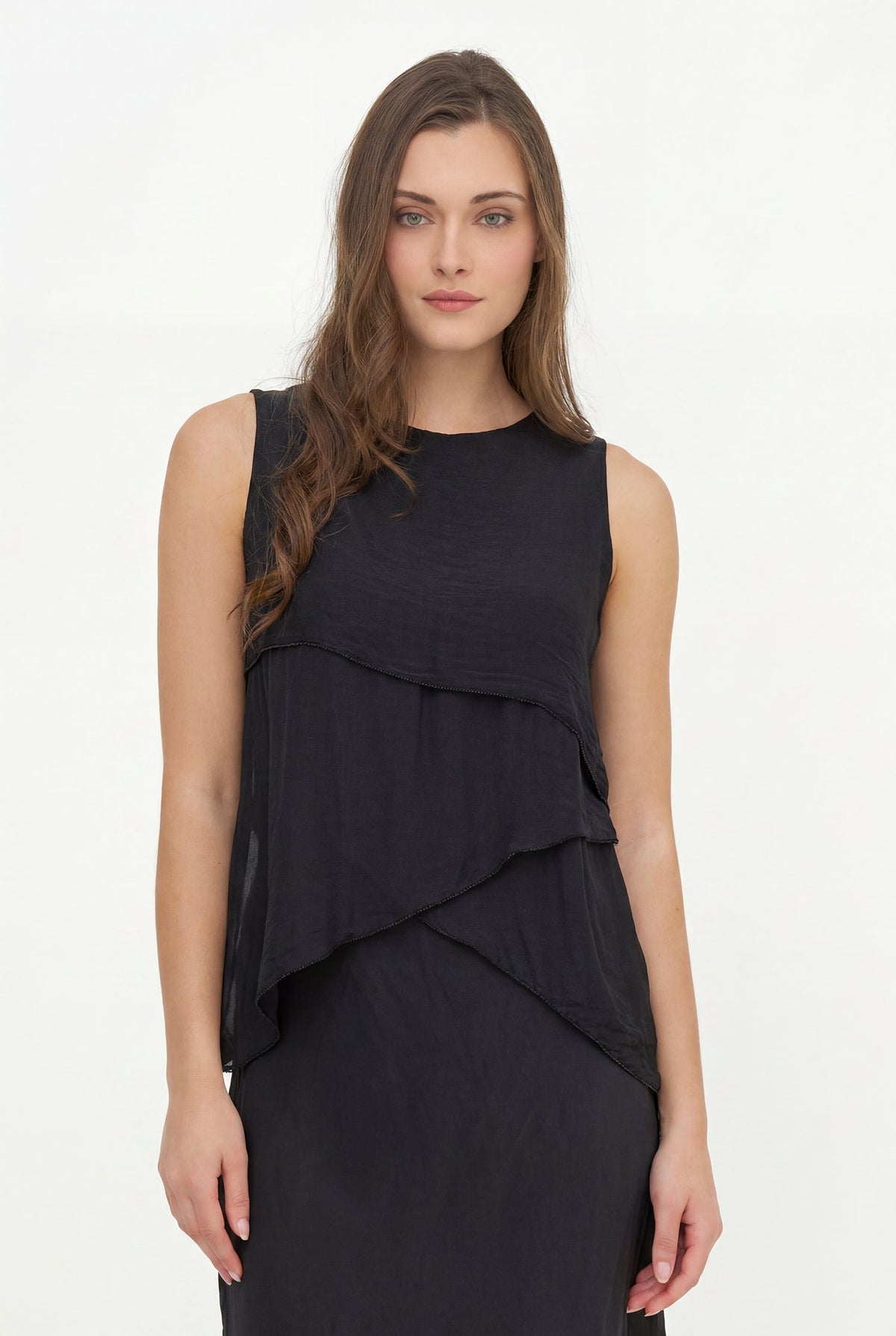 Women's Woven Sleeveless Top, with Petal-Detailed Front Panels, a Crew-Neckline & a Button Detail At The Back Collar
