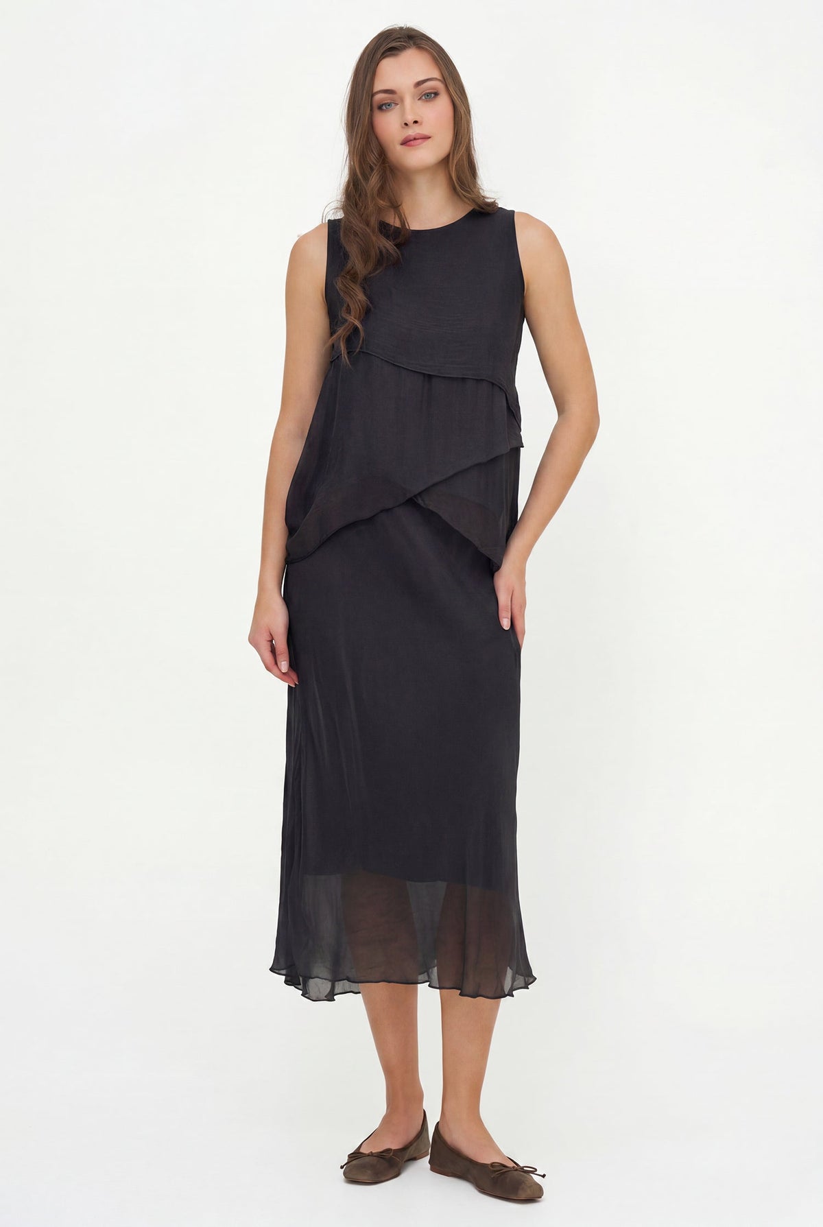 Women's Woven Sleeveless Top, with Petal-Detailed Front Panels, a Crew-Neckline & a Button Detail At The Back Collar
