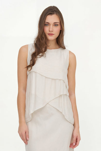 Women's Woven Sleeveless Top, with Petal-Detailed Front Panels, a Crew-Neckline & a Button Detail At The Back Collar