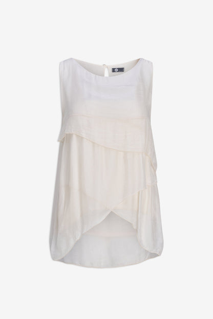 Women's Woven Sleeveless Top, with Petal-Detailed Front Panels, a Crew-Neckline & a Button Detail At The Back Collar