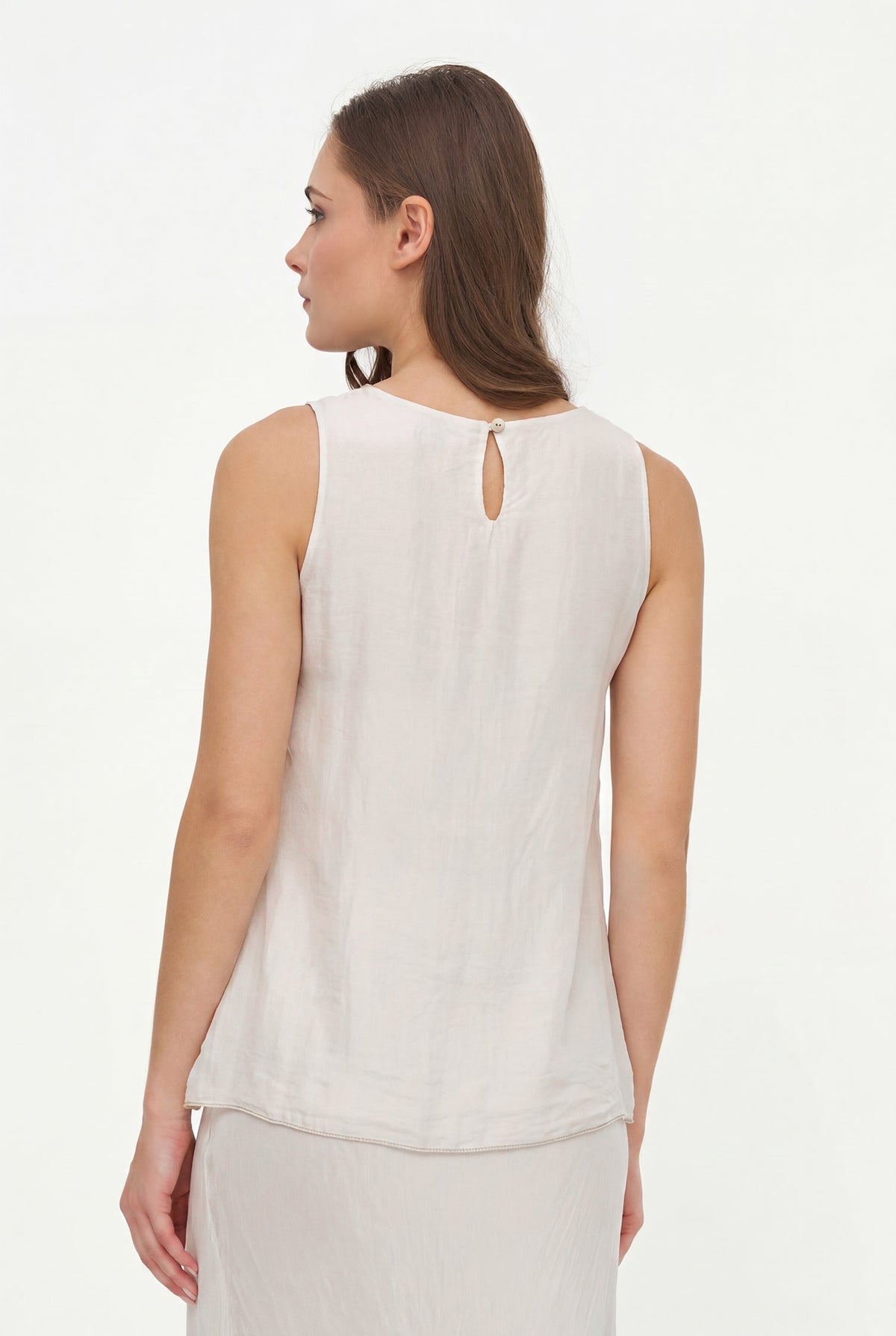 Women's Woven Sleeveless Top, with Petal-Detailed Front Panels, a Crew-Neckline & a Button Detail At The Back Collar