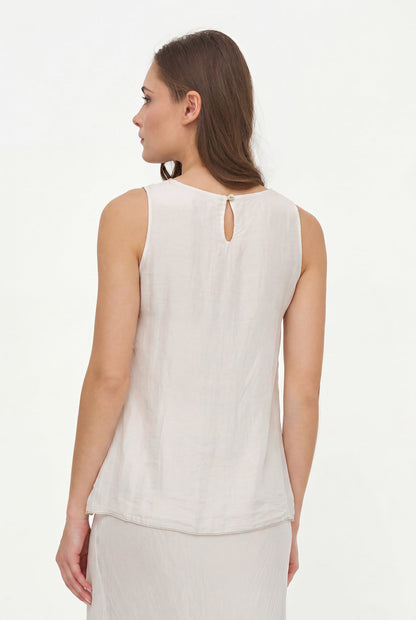 Women's Woven Sleeveless Top, with Petal-Detailed Front Panels, a Crew-Neckline & a Button Detail At The Back Collar