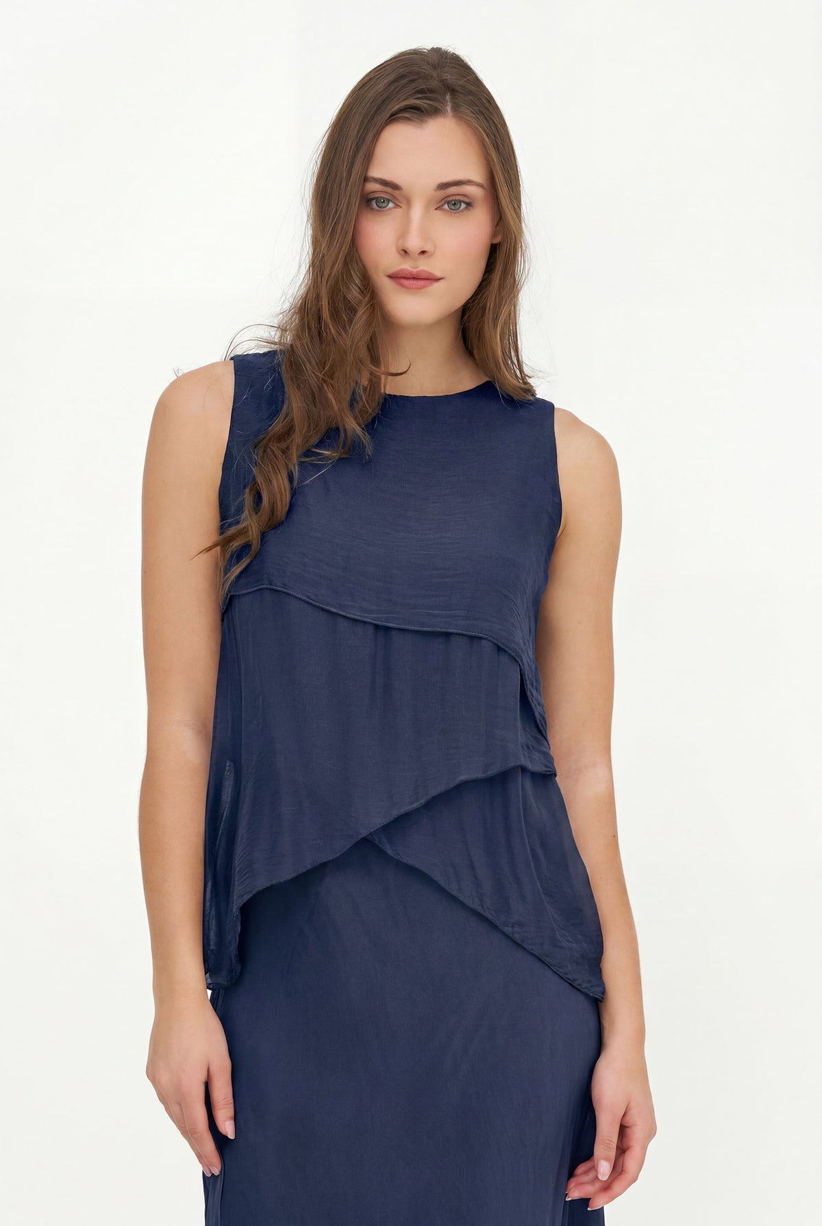 Women's Woven Sleeveless Top, with Petal-Detailed Front Panels, a Crew-Neckline & a Button Detail At The Back Collar