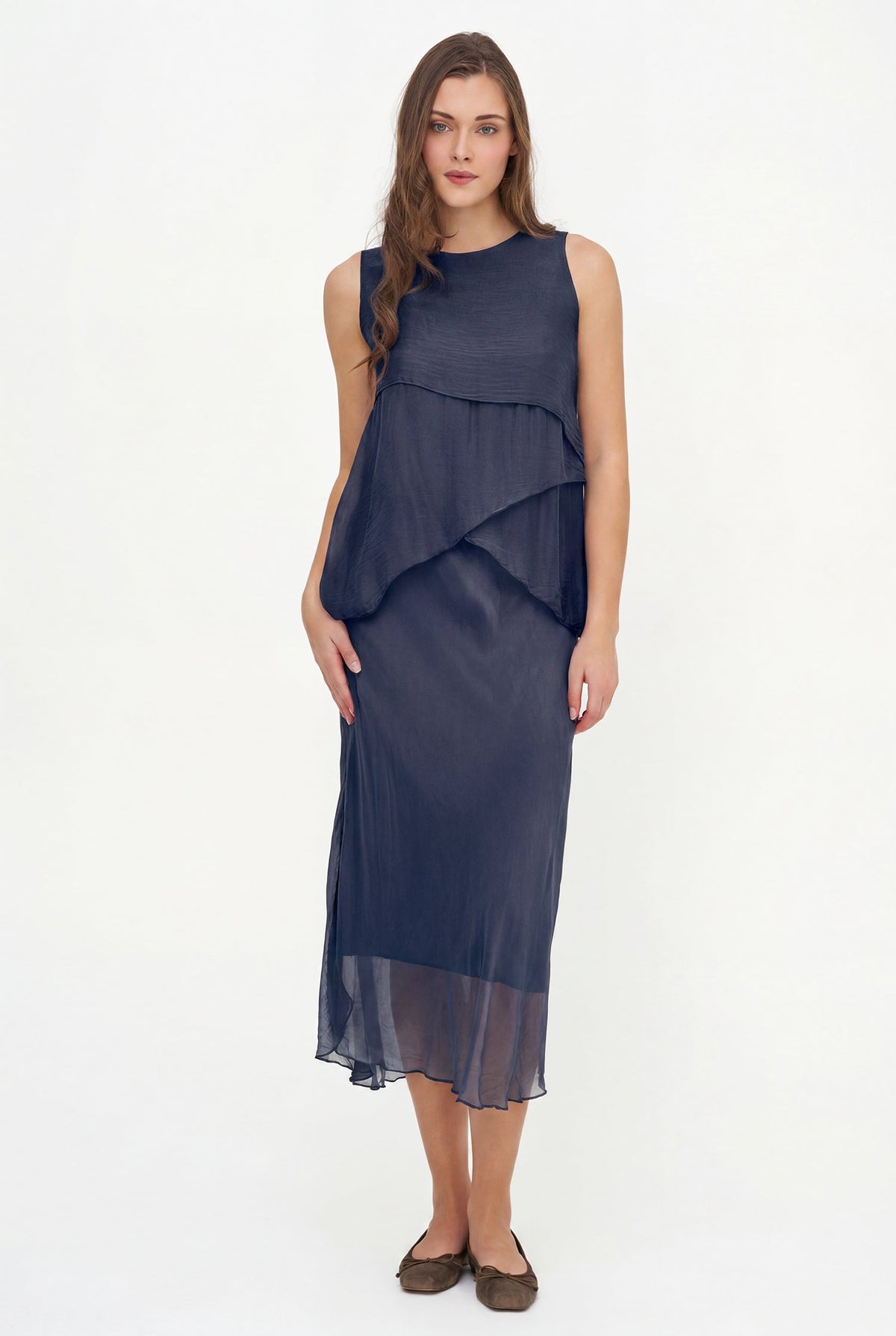 Women's Woven Sleeveless Top, with Petal-Detailed Front Panels, a Crew-Neckline & a Button Detail At The Back Collar