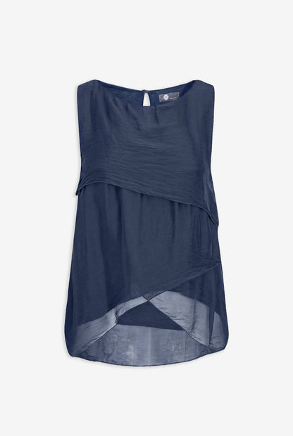 Women's Woven Sleeveless Top, with Petal-Detailed Front Panels, a Crew-Neckline & a Button Detail At The Back Collar