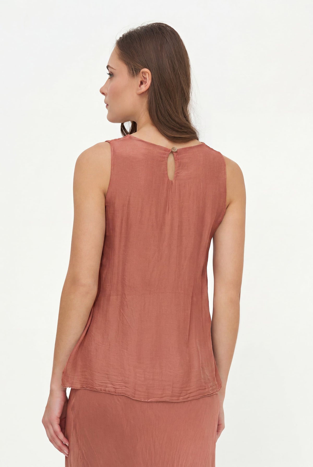 Women's Woven Sleeveless Top, with Petal-Detailed Front Panels, a Crew-Neckline & a Button Detail At The Back Collar