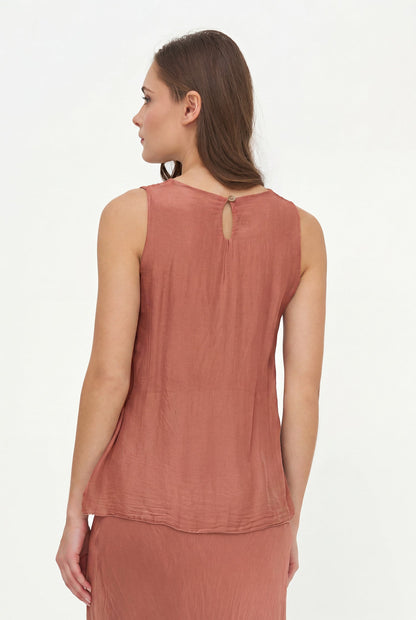 Women's Woven Sleeveless Top, with Petal-Detailed Front Panels, a Crew-Neckline & a Button Detail At The Back Collar