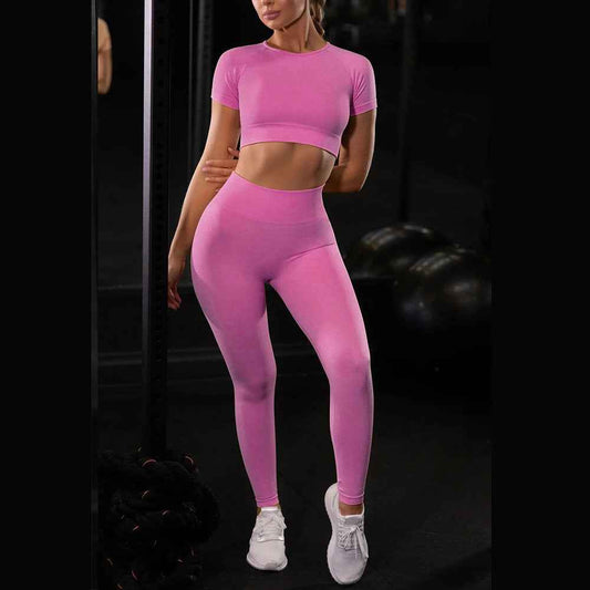 Women’s Seamless Yoga Sports Set – Running Leggings & Short-Sleeve Workout Top