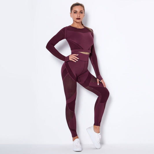 Women’s Seamless Knitted Long-Sleeve Yoga Set – Absorbent Workout Activewear
