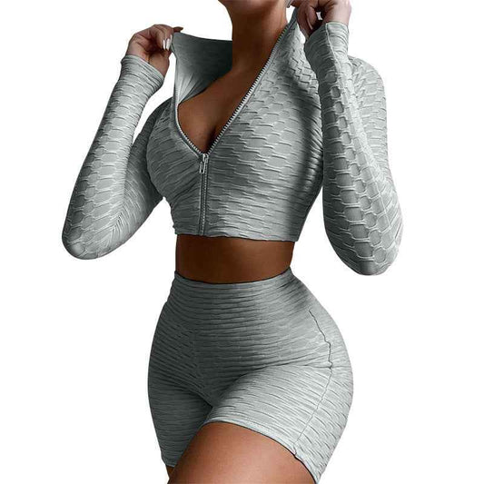 Women’s 2-Piece Yoga Workout Set – Solid-Color Zipper Top & High-Waisted Shorts