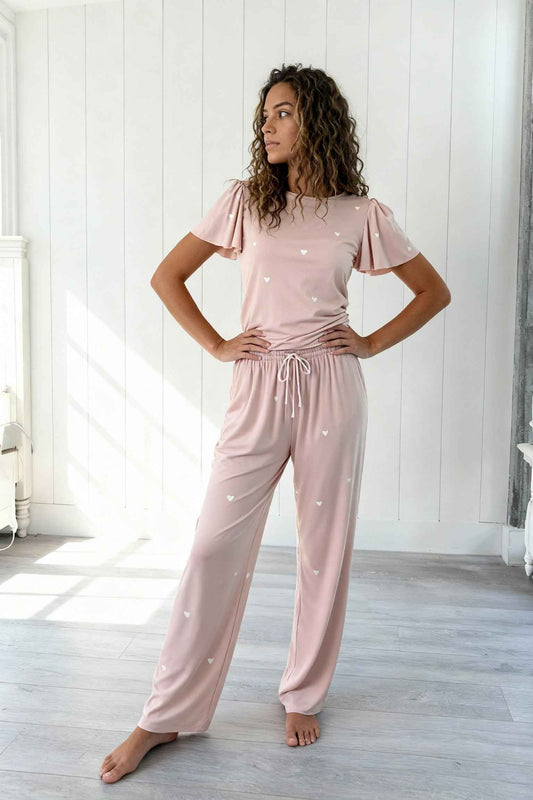 Heartfull PJ – Silky Printed Pajama Set 2PC In Blush Hearts