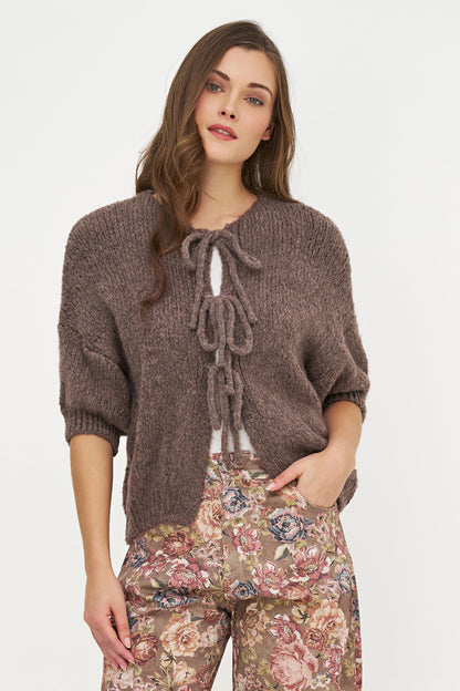 Women's Knit Crew-Neck Cardigan, Elbow-Length Sleeves & Cord Front Tie