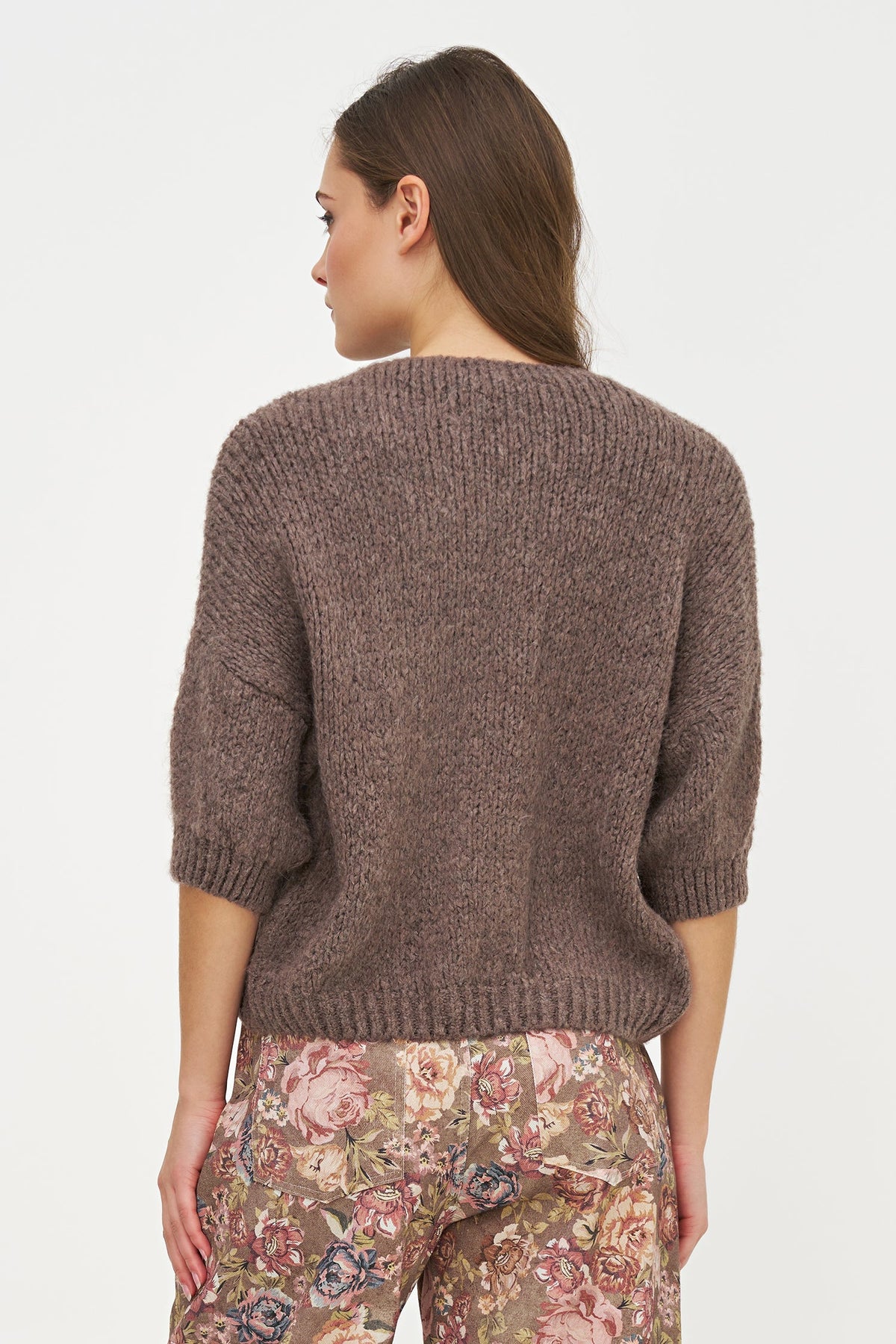 Women's Knit Crew-Neck Cardigan, Elbow-Length Sleeves & Cord Front Tie