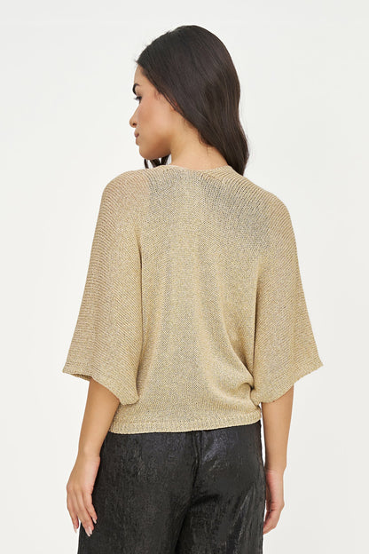Women's Lurex Open Knit Cardigan, 3/4 Sleeves & Self-Tie Front