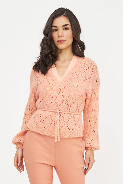 Women's Open-Crochet Knit Wrapped Cardigan, with Long Sleeves & a Thick-Corded Self-Tie Detailing At The Waist