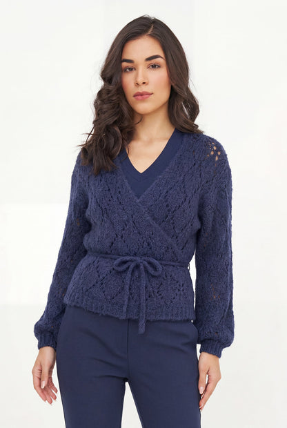 Women's Open-Crochet Knit Wrapped Cardigan, with Long Sleeves & a Thick-Corded Self-Tie Detailing At The Waist