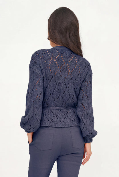 Women's Open-Crochet Knit Wrapped Cardigan, with Long Sleeves & a Thick-Corded Self-Tie Detailing At The Waist
