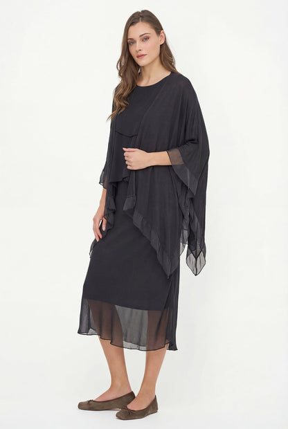Women's Knit Oversized Cardigan with Sheer Woven Trim Detailing