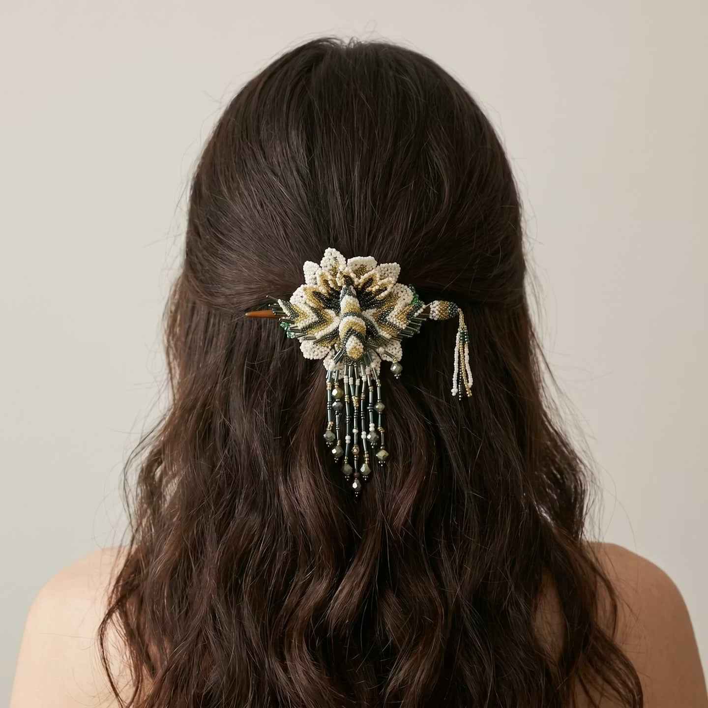 Maple Blossom Hummingbird Beaded Hair Stick Barrette White