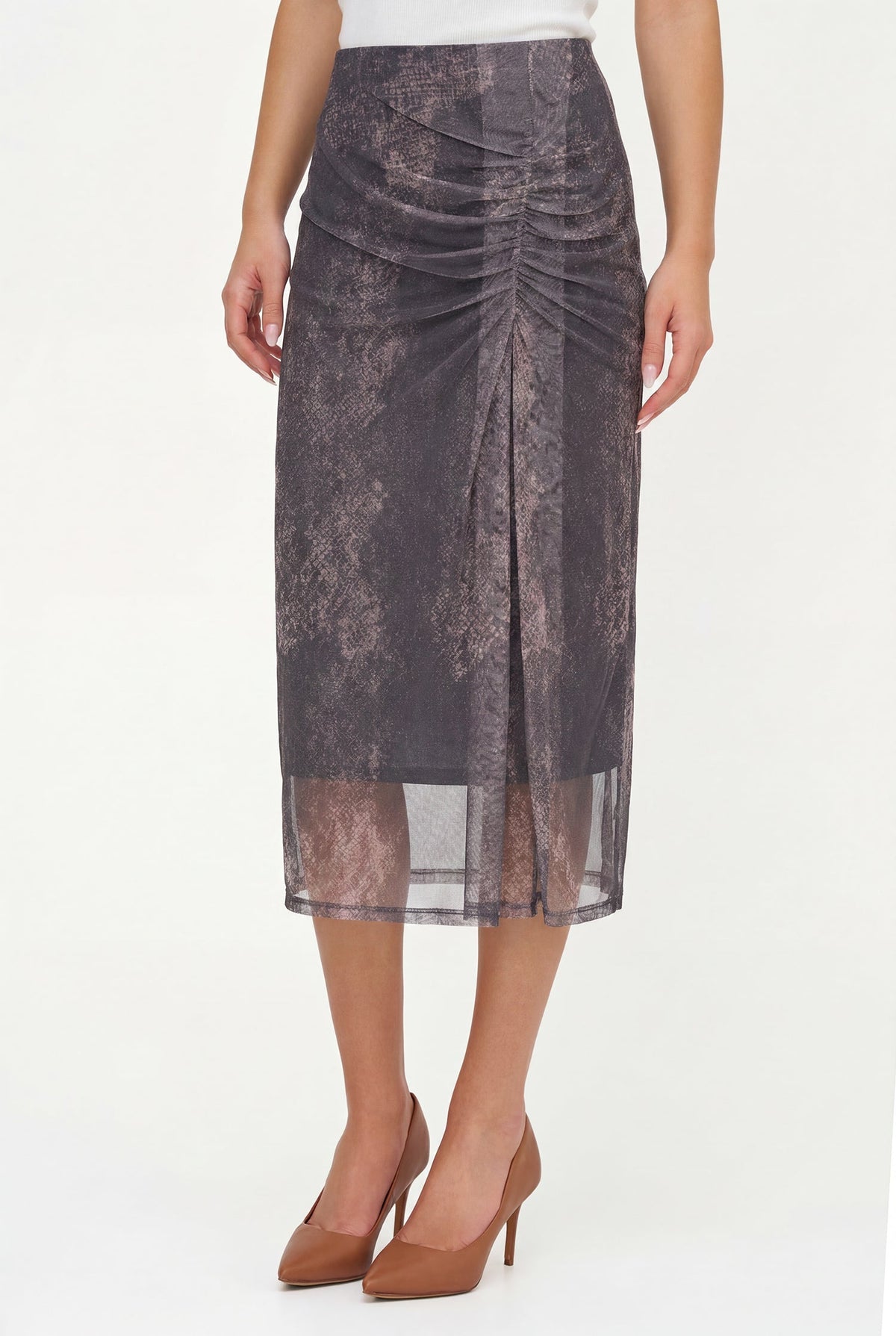 Women's Mesh-Knit Printed Pull-On Skirt with a Gathered Detailing At The Front Hip