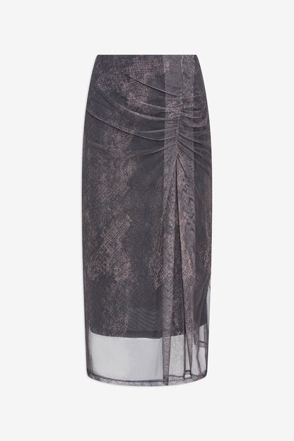 Women's Mesh-Knit Printed Pull-On Skirt with a Gathered Detailing At The Front Hip