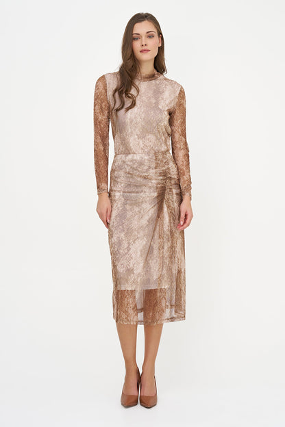 Women's Mesh-Knit Printed Pull-On Skirt with a Gathered Detailing At The Front Hip