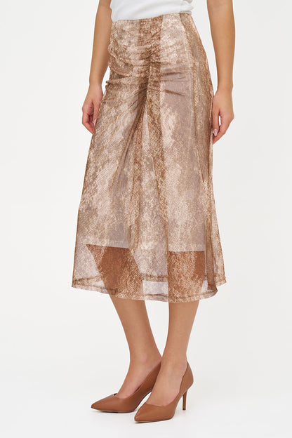 Women's Mesh-Knit Printed Pull-On Skirt with a Gathered Detailing At The Front Hip