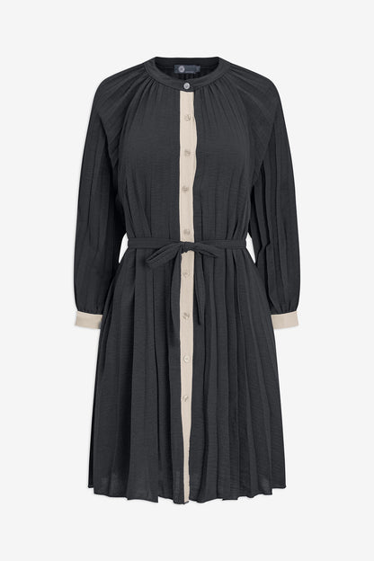 Women's Woven Color-Blocked Pleated Button-Down Dress, with Long Raglan Sleeves & a Removable Belt