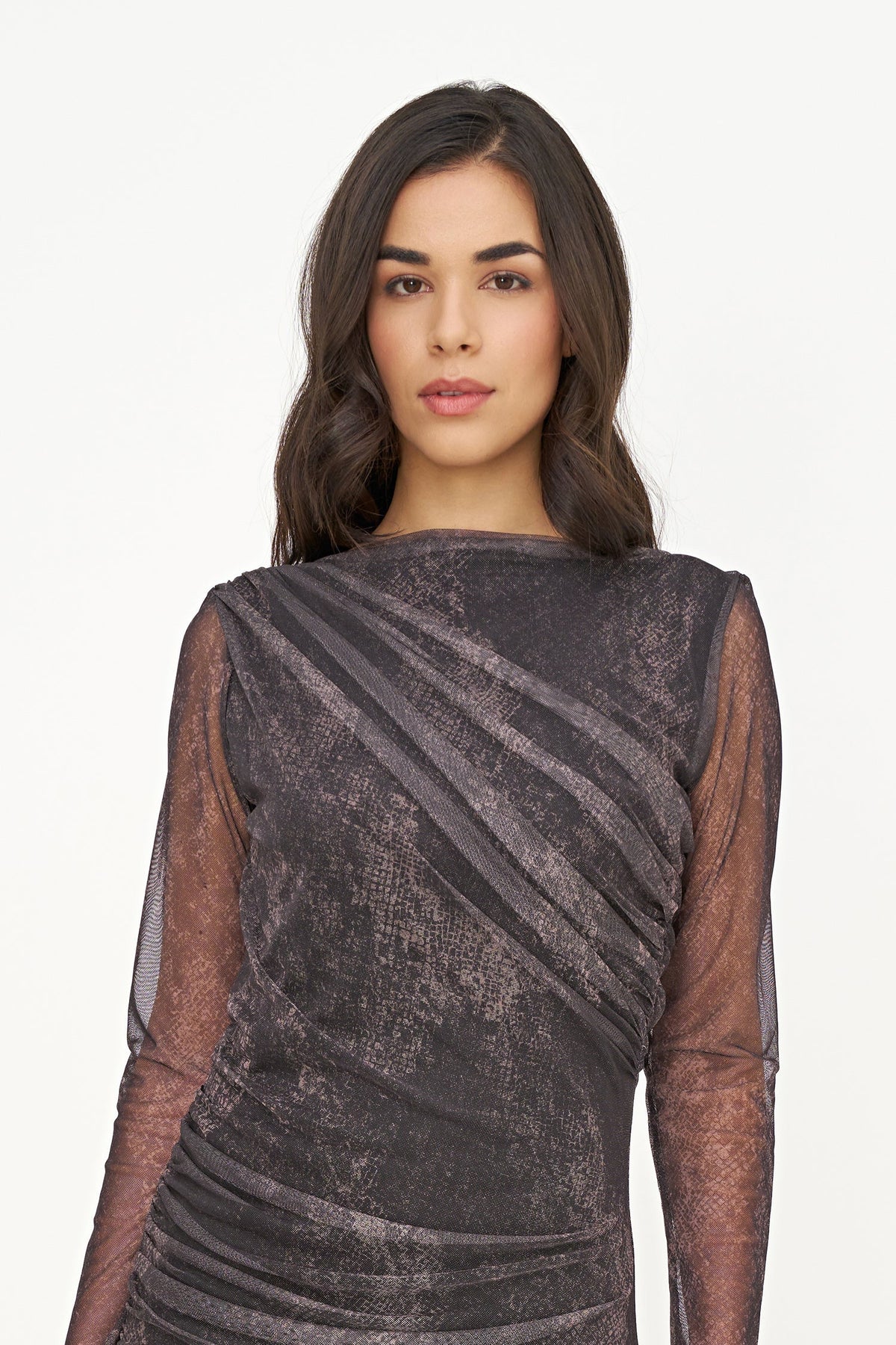 Women's Mesh-Knit Printed Dress, with a Boat-Neckline, Long Sleeves & Gathered Details At The Shoulder, Waist & Hips