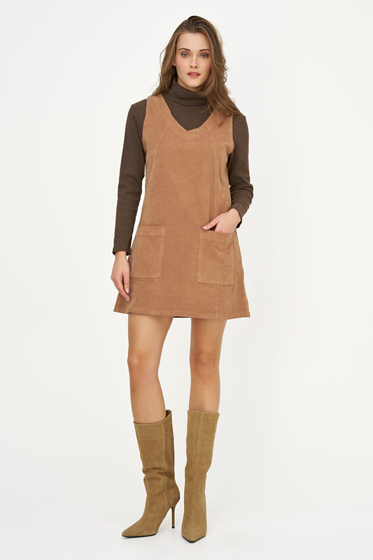 Women's Corduroy Sleeveless V-Neck Dress with Patch Pockets