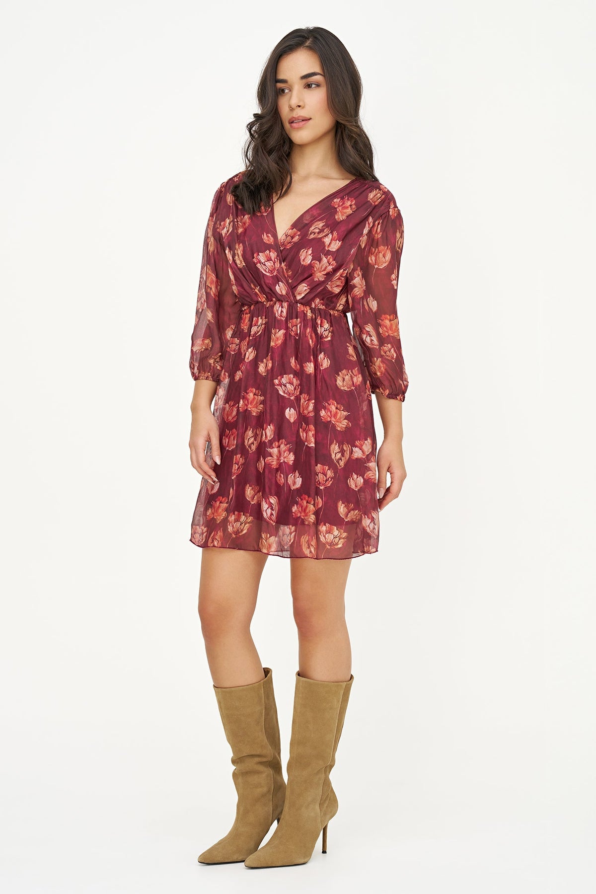Women's Printed Woven Dress, Long Sleeves & Fixed Crossover V-Neck