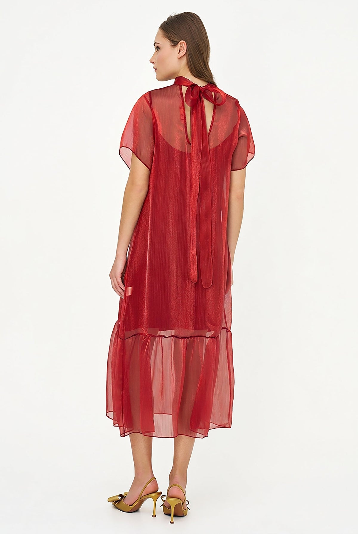 Women's Short-Sleeve Turtleneck Dress, Tie-Back Bow & Ruffle Hem