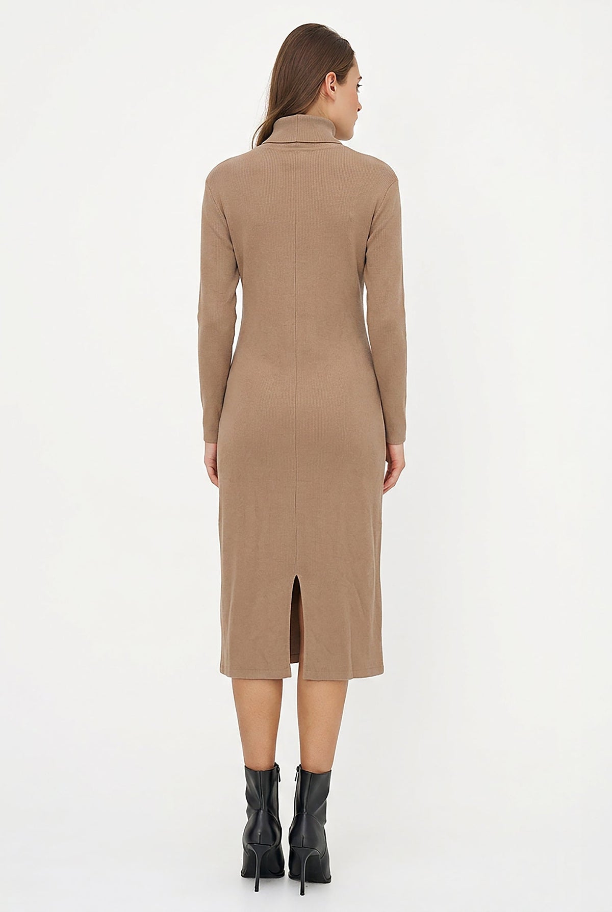 Women's Rib-Knit Turtleneck Dress, Long Sleeves & Back Slit