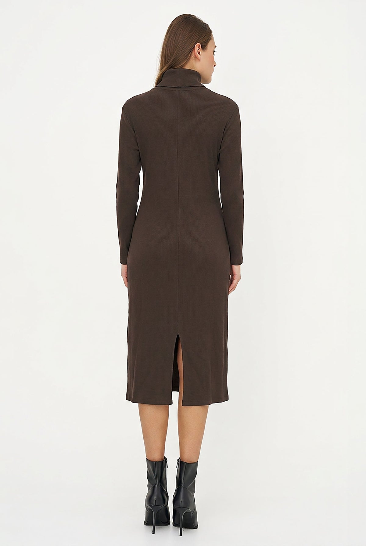 Women's Rib-Knit Turtleneck Dress, Long Sleeves & Back Slit