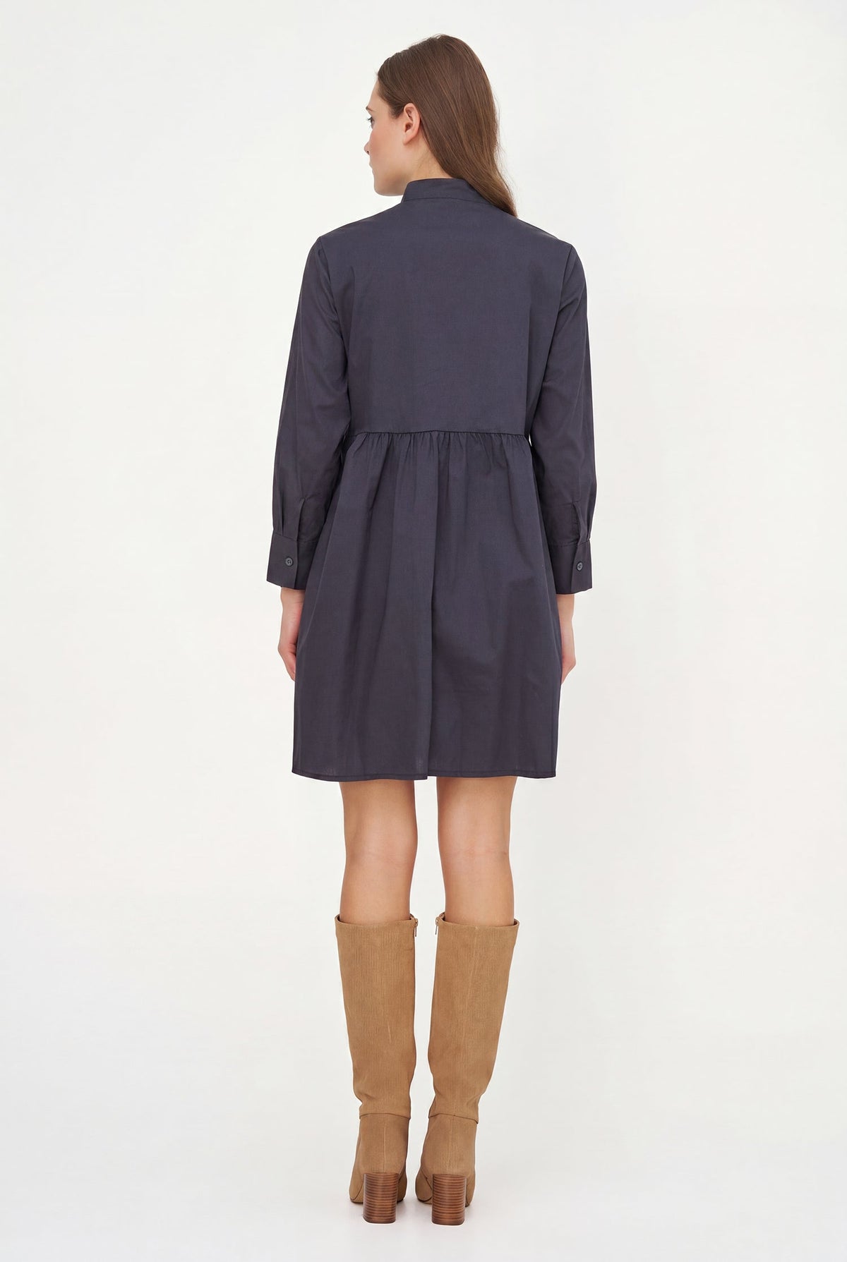 Women's Woven Long Sleeve Dress with a Partial Button-Down Front